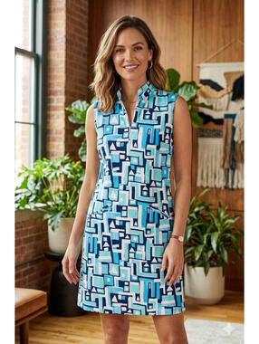 IBKUL IceFil Jennifer 1/4 Zip Sleeveless Dress Women Size MEDIUM Blue White Geo